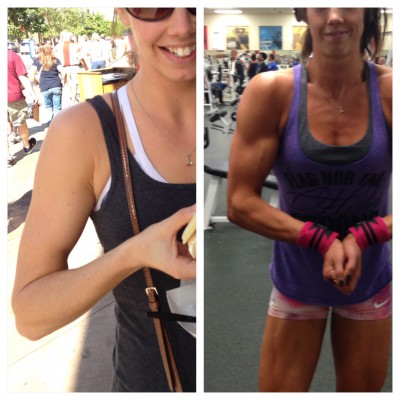 Left - Sept 2013 after competing in five shows in the bikini category. Right - June 2014 preparing for my first show as a women's physique competitor